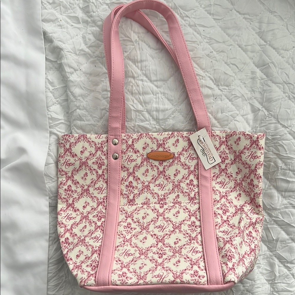 Longaberger Pink and White Tote Bag with Damask Pattern